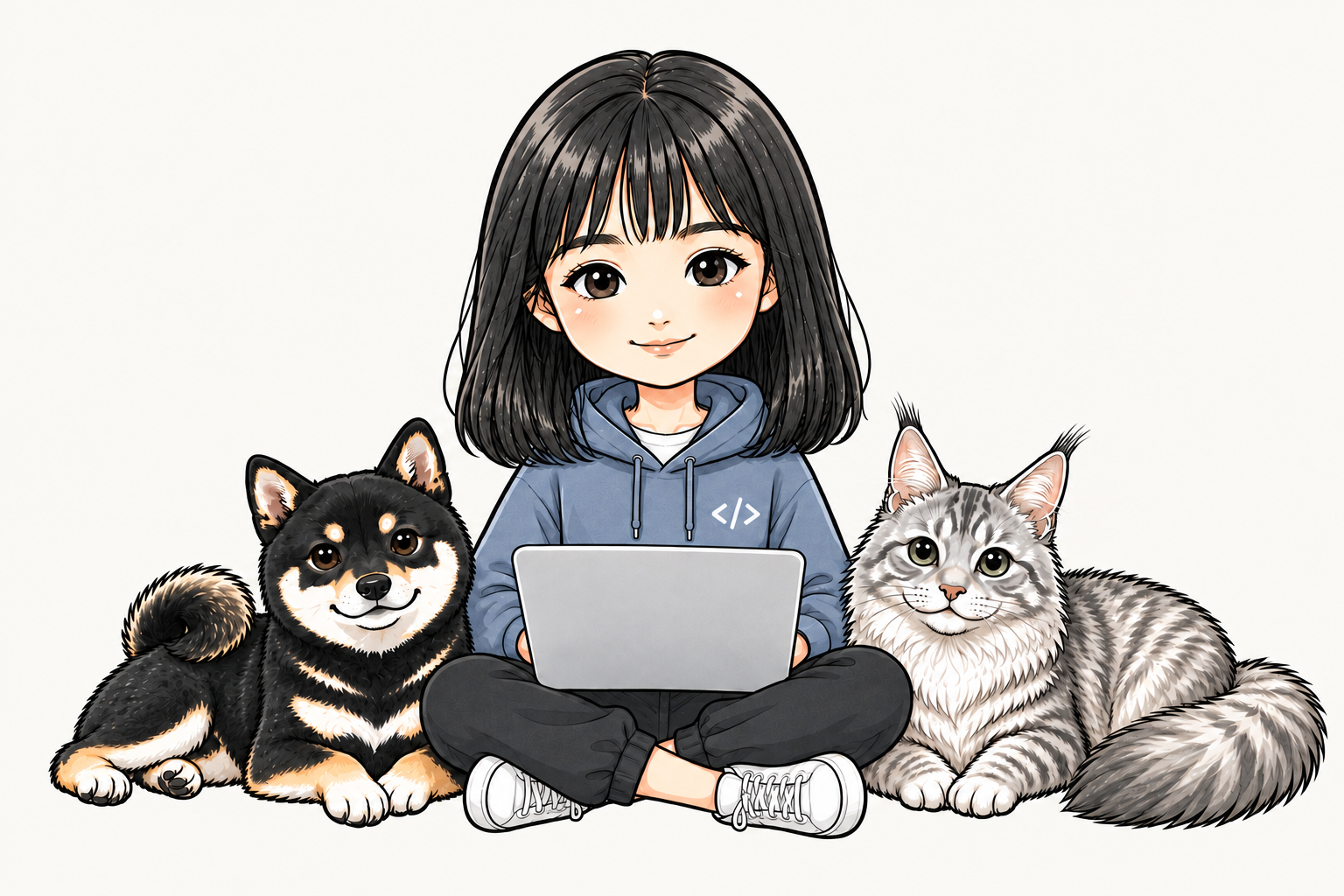 盘腿使用电脑的 Zcoco 与黑色柴犬、银灰色缅因猫