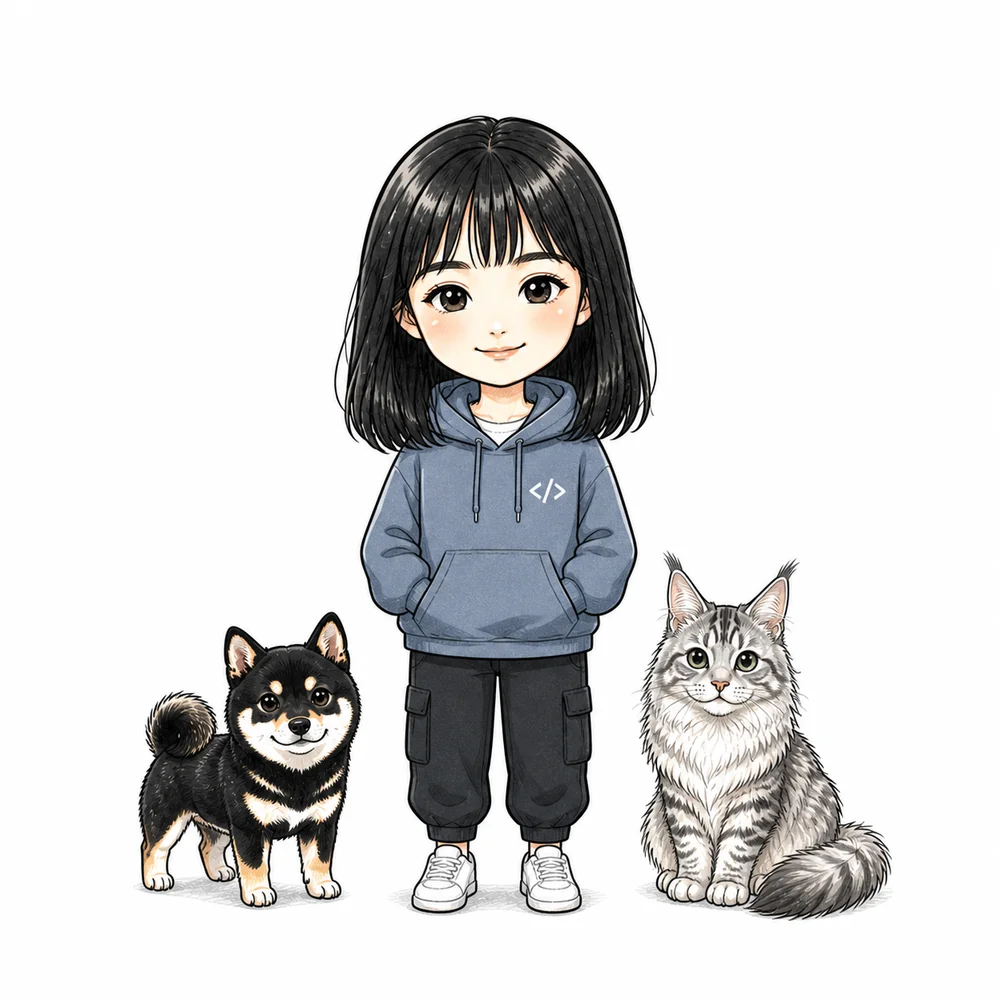Q 版程序员 Zcoco 与代表行动的黑色柴犬、代表分析的银灰色缅因猫